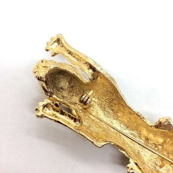 VINTAGE 80s JAGUAR CAT SPOTS GOLD TONE GREEN RHINESTONE ARTICULATED BROOCH PIN - Picture 6 of 12